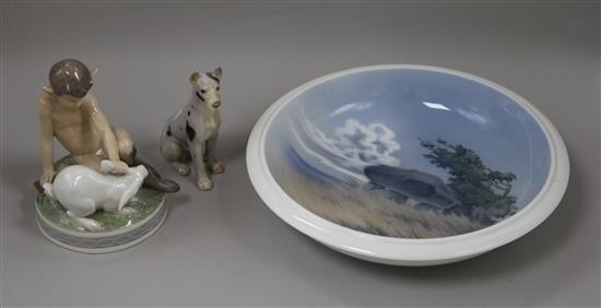 A Royal Copenhagen fawn, a bowl and a dog bowl diameter 26cm